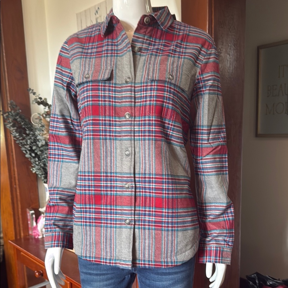 NWT Eddie Bauer size small Sherpa style Red and Gray Plaid Button-Up Shirt